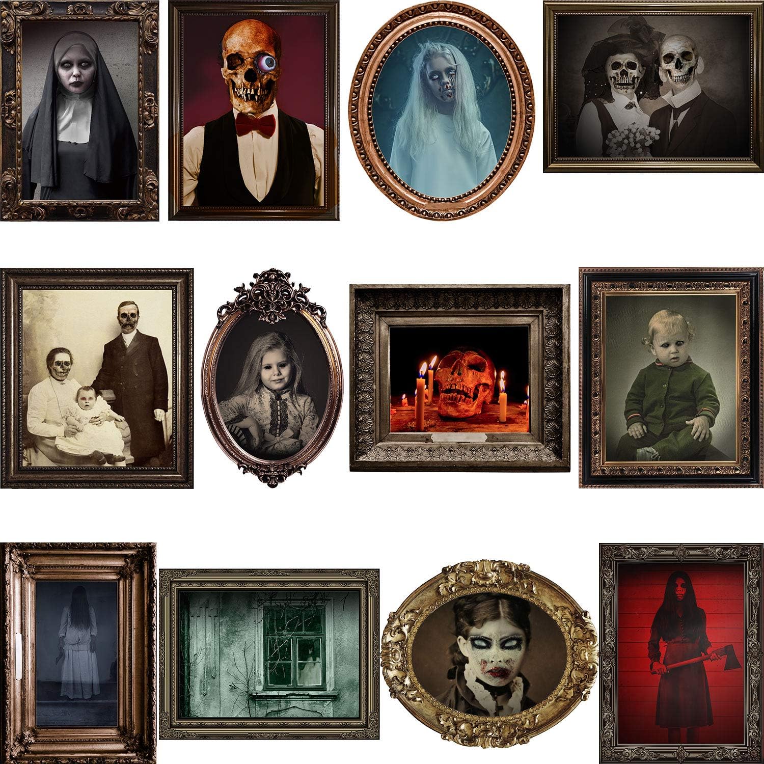DUAIAI Halloween Decorations, 12 Pieces Laminated Halloween Gothic Decor Poster Frames Durable Haunted House Creepy Portraits Pictures Spooky Home Style 4(2D,12Pcs)