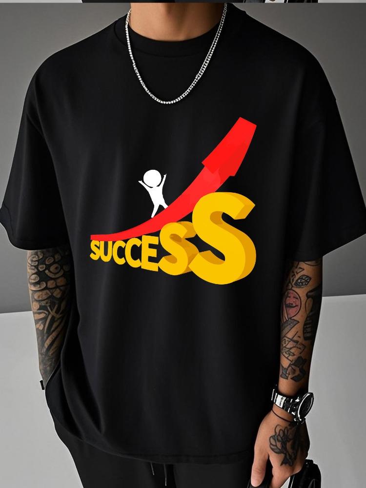 Unisex Summer Casual Short Sleeve T Shirt Success Letter Red Up Arrow Figure Print Oversized Loose Street Daily Fashion Tops
