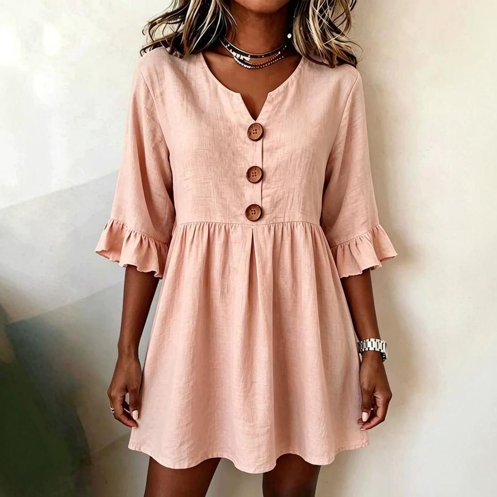 Women's Color V-Neck Half Sleeve Loose Fit Casual Dress for Work Commute