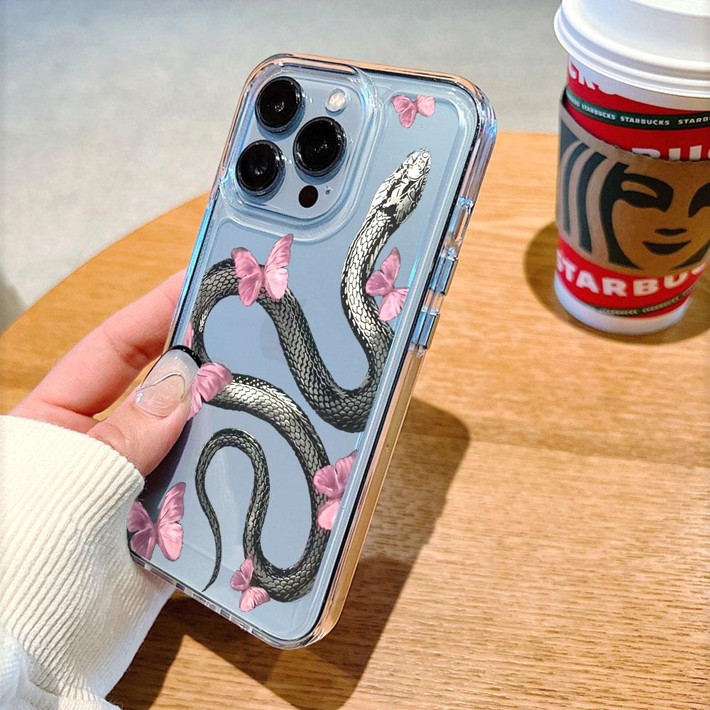 Snake with Pink Butterflies Phone Case for IPhone 17 15 16 14 13 12 11 Pro Max Plus 12 13 Mini TPU Protect Cover