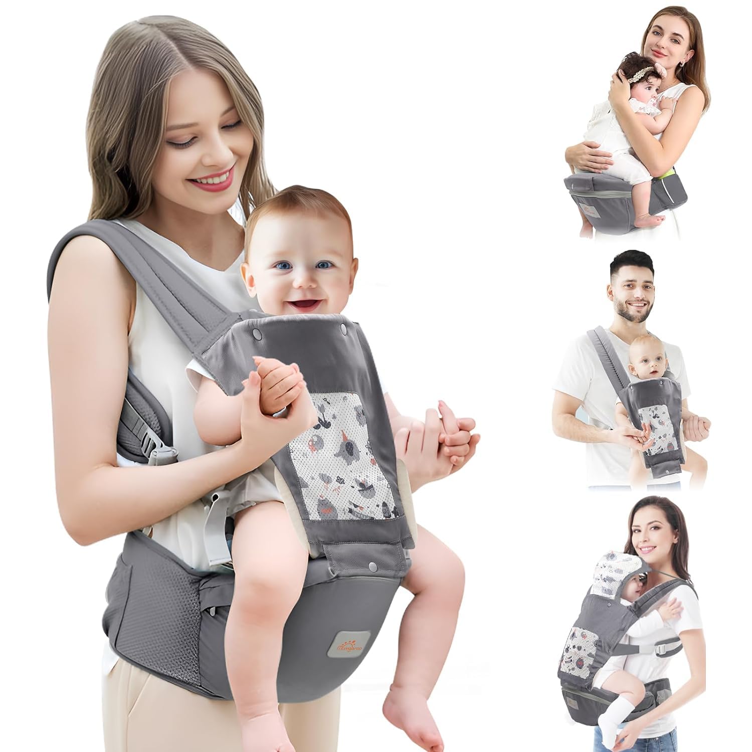 

Baby Carrier, Baby Carrier Newborn to Toddler, Toddler Carrier with Hood All Seasons & All Position Baby Hip Carrier сірий колір