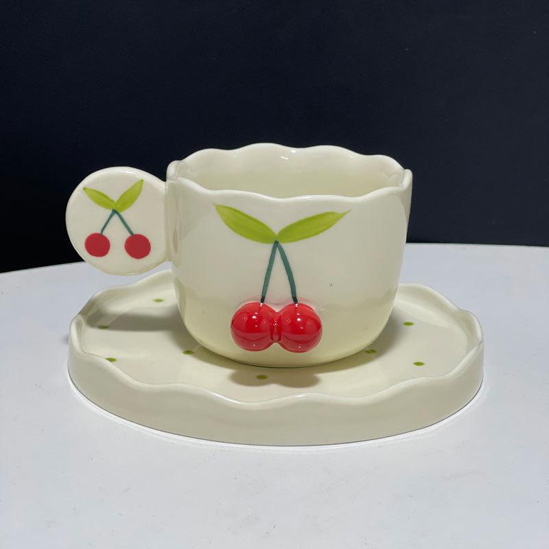 Japanese Hand-Painted Three-Dimensional Cherry Ceramic Cup And Saucer Cute Creative Home Coffee Cup And Saucer Set Personalized Birthday Gift