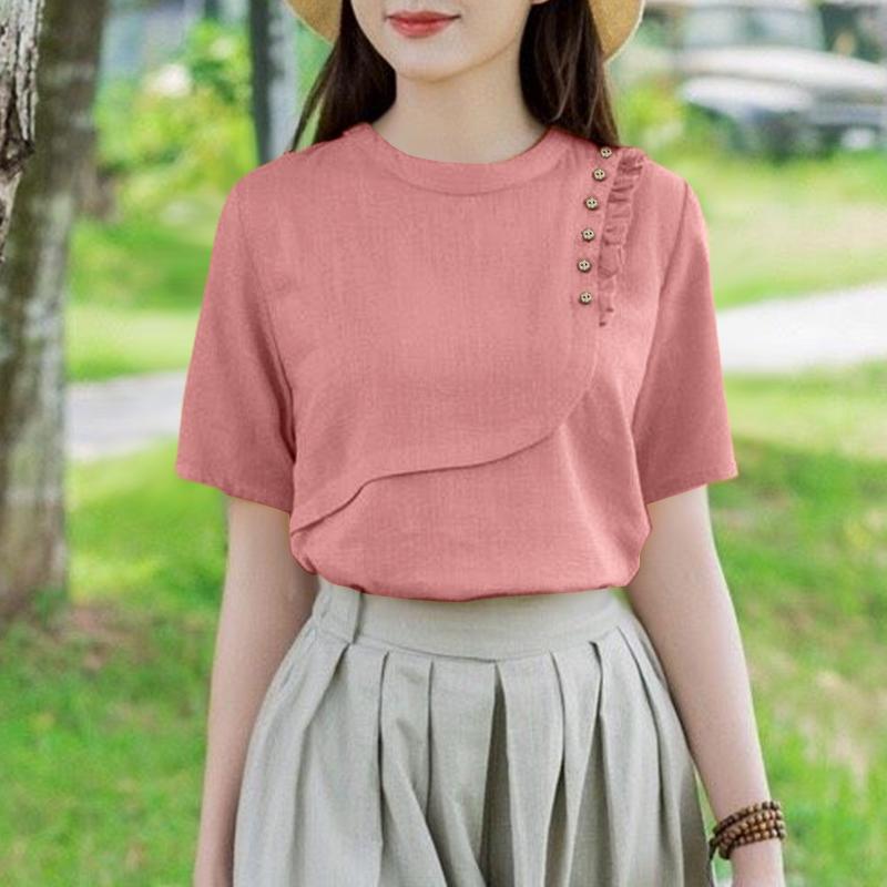 

ZANZEA Женская повседневная летняя блузка с круглым вырезом и коротким рукавом S розовый