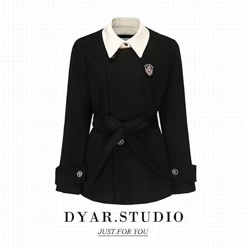 Petite Waist-Cinching College Style Two-Piece Black Suit Jacket Set for Autumn/Winter
