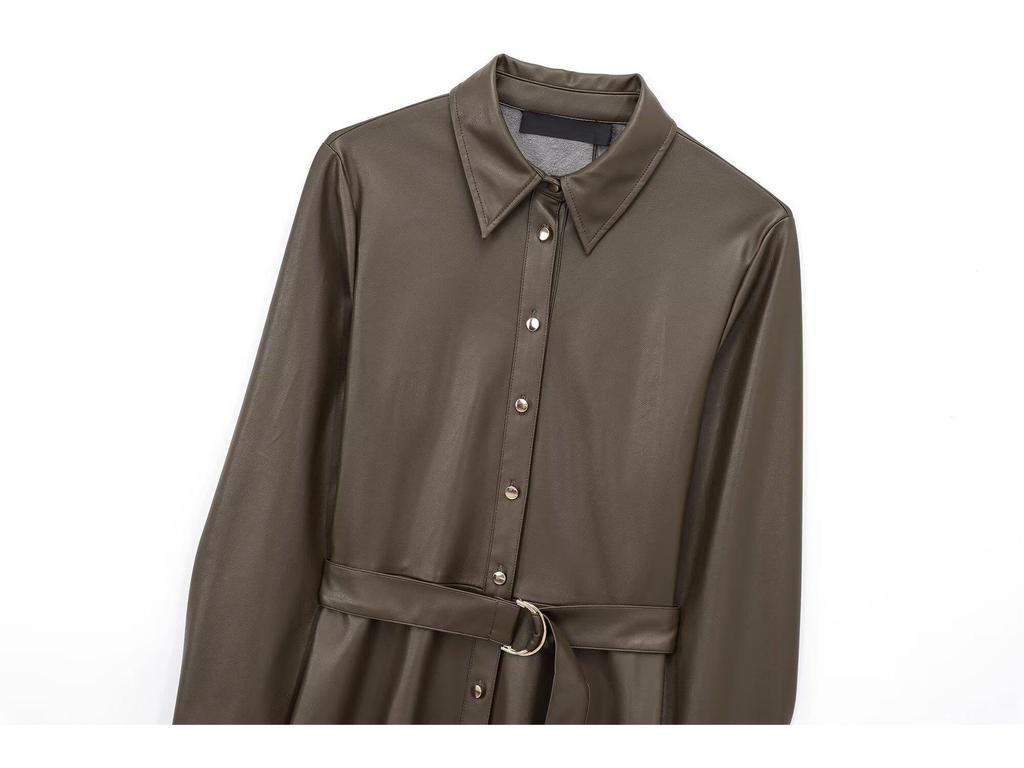 Women's 2025 Faux Leather Long-Sleeve Belted Shirt Dress – Winter Collection