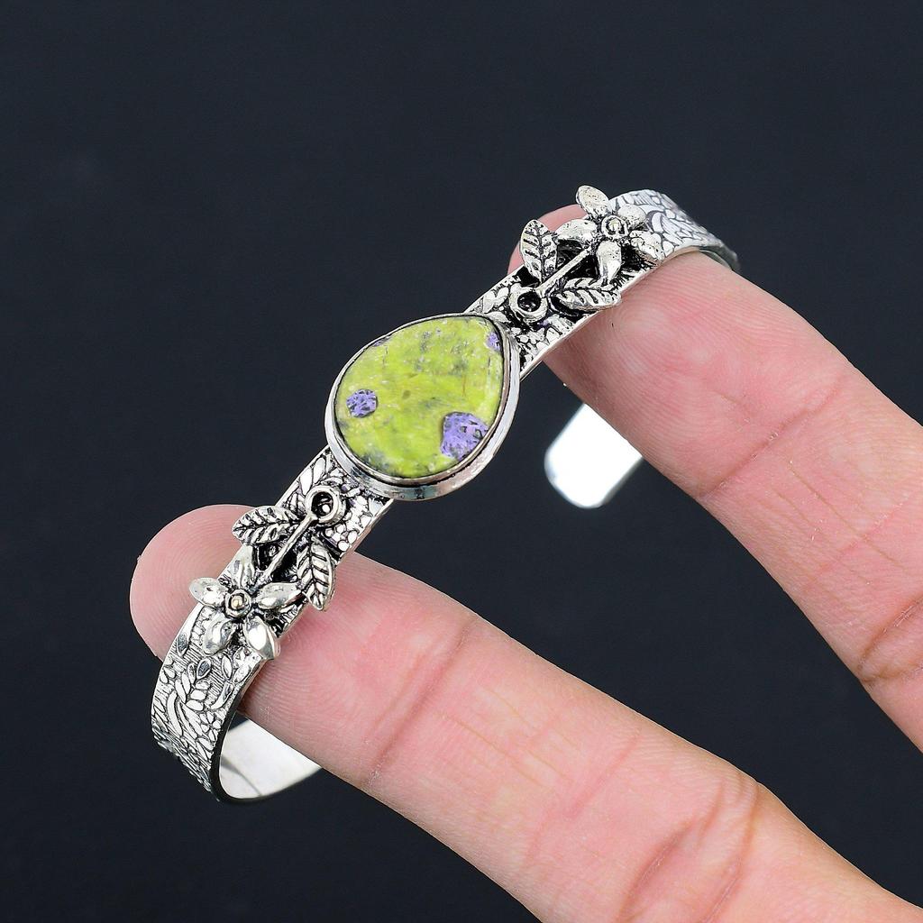 Friendship Day Sale 925 Silver Atlantisite Gemstone Wife Flower Bangle Jewelry