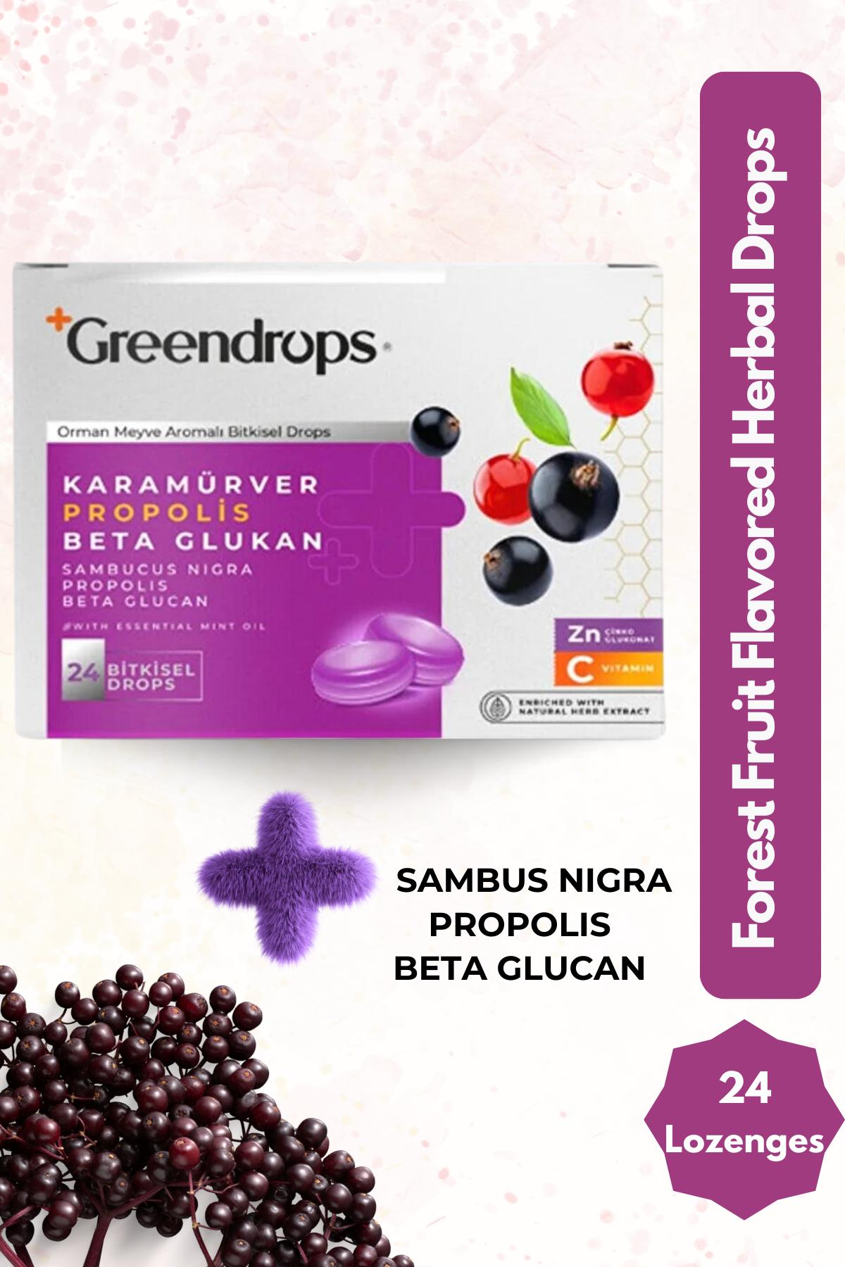 

Herbal Drops Throat Lozenge - Forest Fruit Flavored - Black Elderberry, Propolis, Beta Glucan