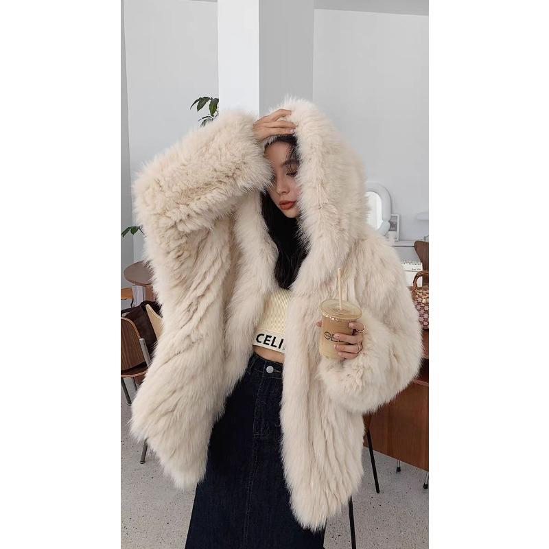 Pelz Damenbekleidung Imitation Fuchs Pelzjacke mit Kapuze Kunstpelz gewebter Pelz Oberteil Herbst- und Winterbekleidung