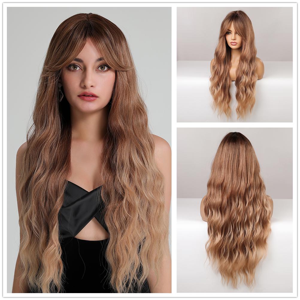 BLONDE UNICORN Long Wavy Curly Wigs Light Golden Brown Synthetic Wig with Bangs for Women Daily Cosplay Heat Resistant …