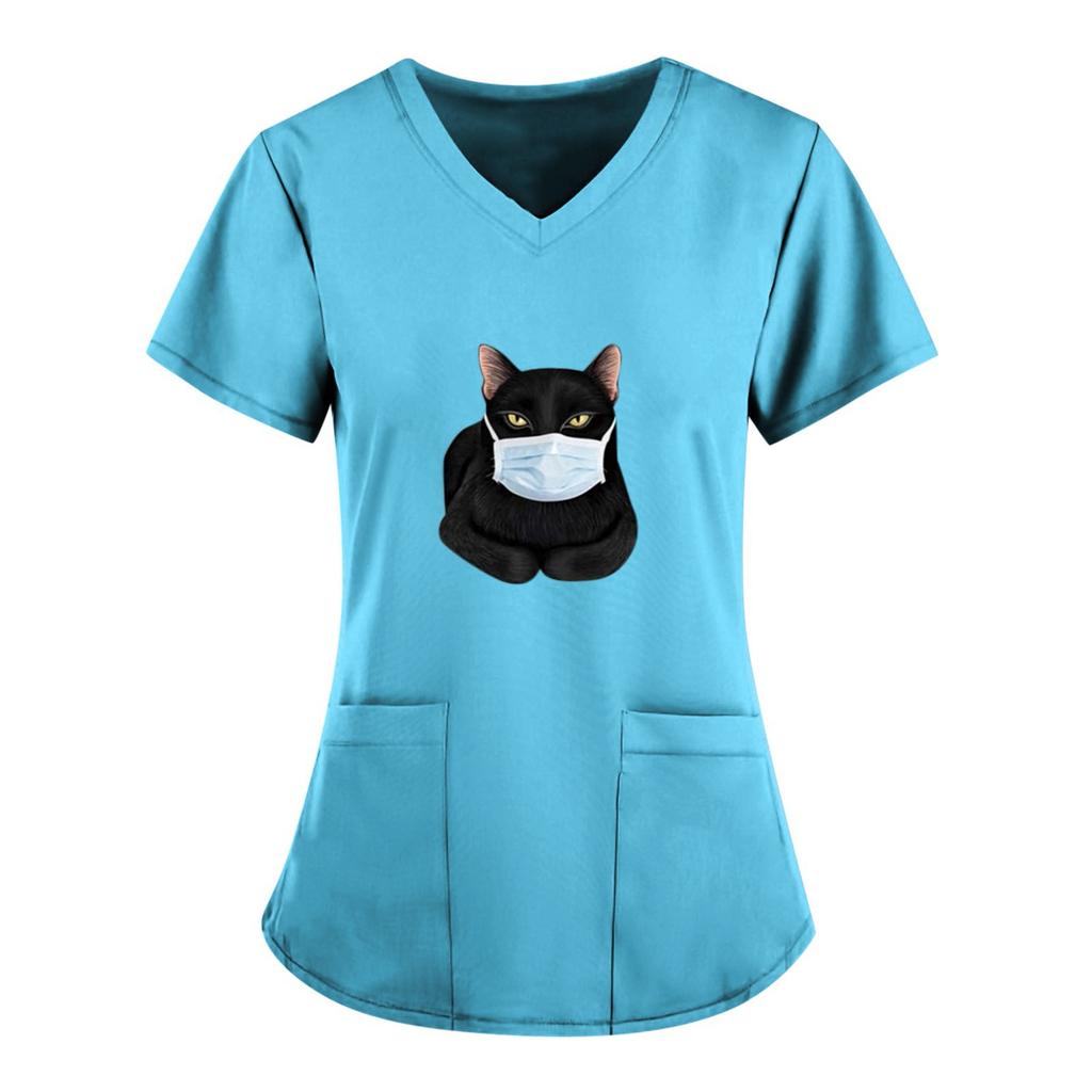 Women's Cute Print Short Sleeve V-neck Top Work  Solid Color Pocket Top