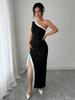 2026 European & American One-Shoulder 3D Flower Party Dress: Sexy, Fashionable, Slit, Bandage Style Women's Clothing
