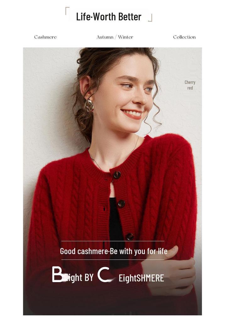 Women's Slimming Cable Knit Cashmere Cardigan - Long Sleeve, Warm, Round Neck, Single-Breasted