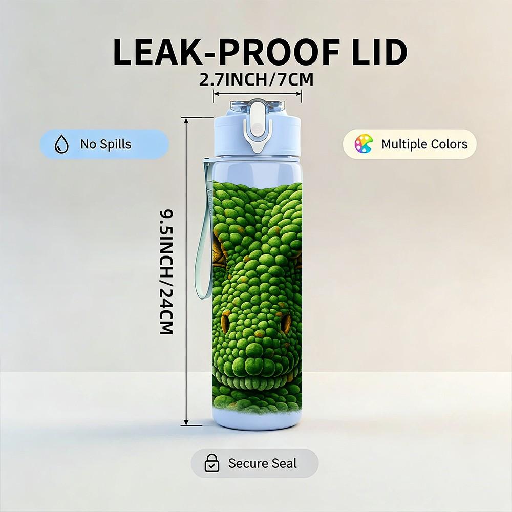 1PC Green Snake Reptile Head Portrait Print 750ml Color Plastic Sports Water Bottle Leakproof Flip Straw Lid Suitable for Sports Office Home Use