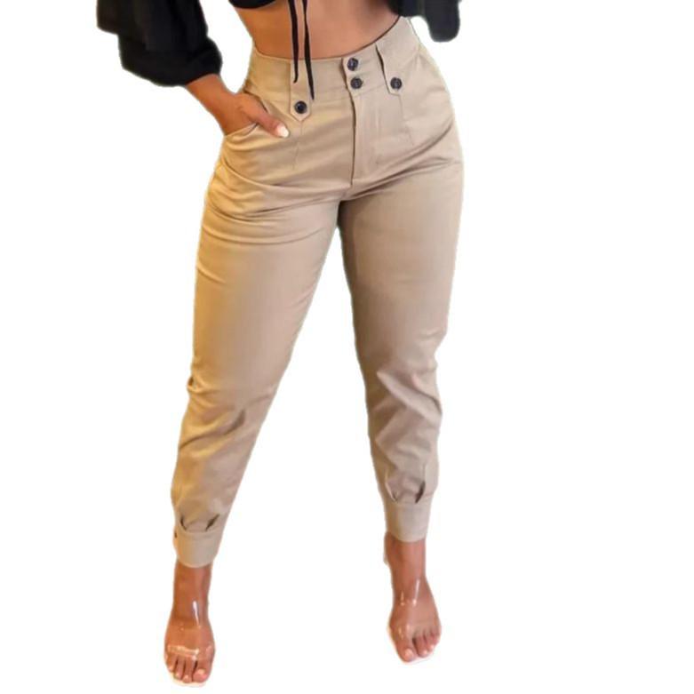 European and American High-Waisted Cuffed Cargo Pants with Button Pocket for Women