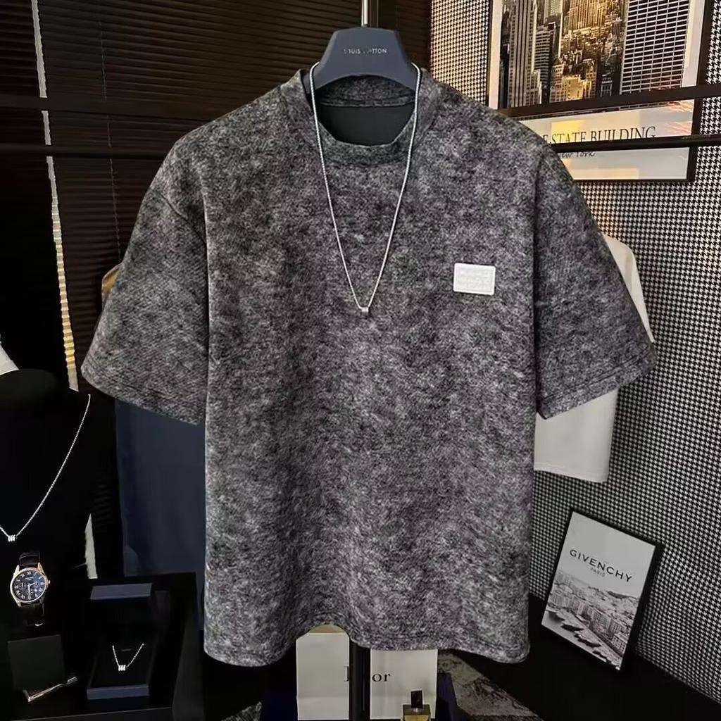 Light Luxury American Heavy Retro T-Shirt Feeling Washed Water Old Short-Sleeved Top Contrasting Color Splicing Men'S Half-Sleeved Casual Versatile