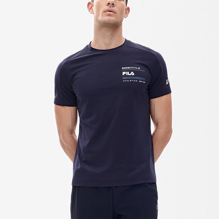 FILA Athletics Solid Color Letter Logo Round Neck Sports Simple Comfortable Casual Knit Short Sleeve T-Shirt Men T-Shirt Dark-Blue A11M231120F-NV