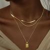 Elegant Layered Gold Color Necklace Stackable Clavicle Chain Handmade Rectangular Pendant Neckchain Jewelry for Women