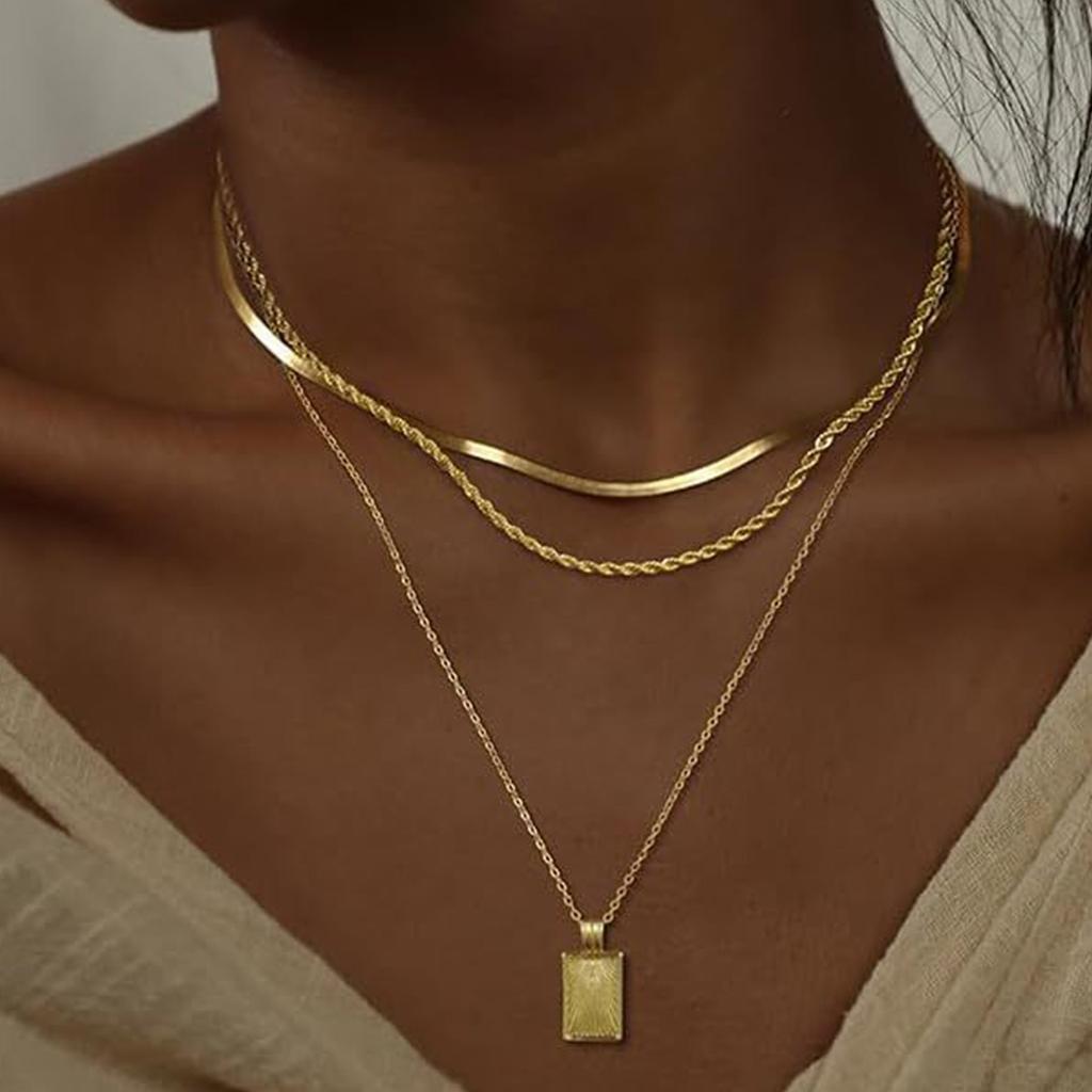 Elegant Layered Gold Color Necklace Stackable Clavicle Chain Handmade Rectangular Pendant Neckchain Jewelry for Women