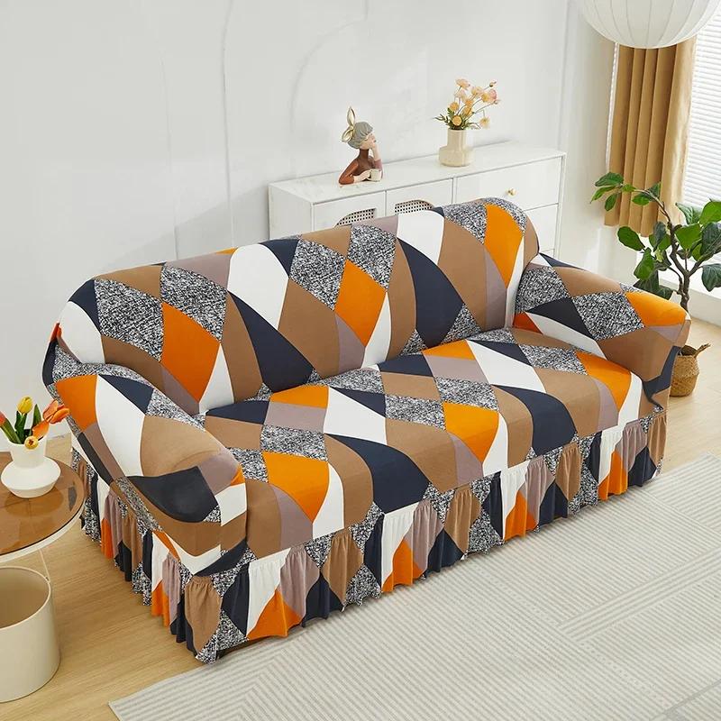 1pc Elastic Printed Sofa Slipcover With Skirt Sofa Cover Couch Cover  Furniture Protector Bedroom Office Living Room Home Decor