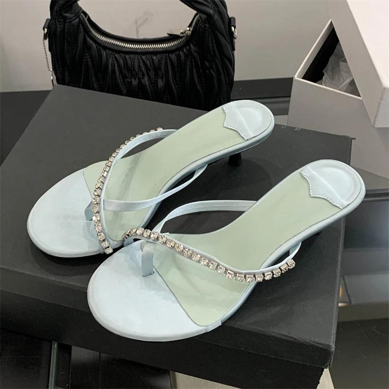 Eilyken Summer Crystal Clip Toe Slippers Women Elegant Low Thin Heels Sandals Flip Flops Slide Shoes Zapatos De Mujer