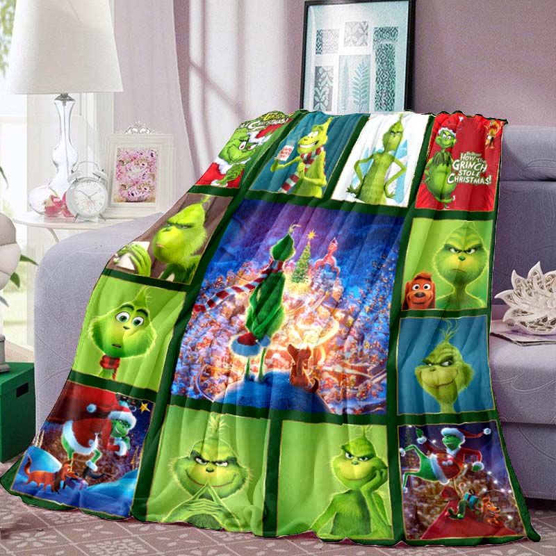 Cute Cartoon "The Grinch" Print Blanket – Warm Winter Flannel Throw; Festive, Unique Sofa & Nap Blanket