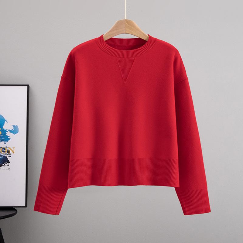 2026 Spring/Autumn Women's Loose Slimming Core-Spun Round Neck Solid Color Knit Sweater