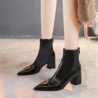 2024 Brand New Female Boots  Heel Female Black Leather Boots Point Toe Ankle Booties Party Shoes Zip Side Female Boots 34-39