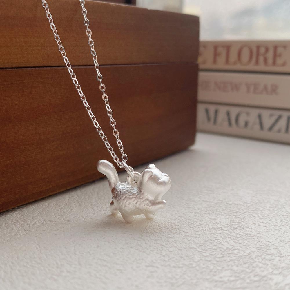 S999 Sterling Silver Cute Cat Necklace for Women - Korean Style 3D Small Cat Pendant on Light Luxury Clavicle Chain