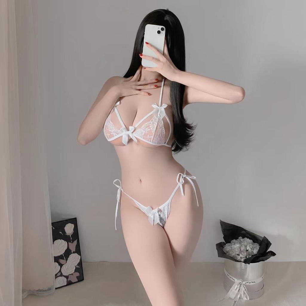 Manbaisha Sexy Sheer Deep V Lace Cosplay Nurse Uniform Set