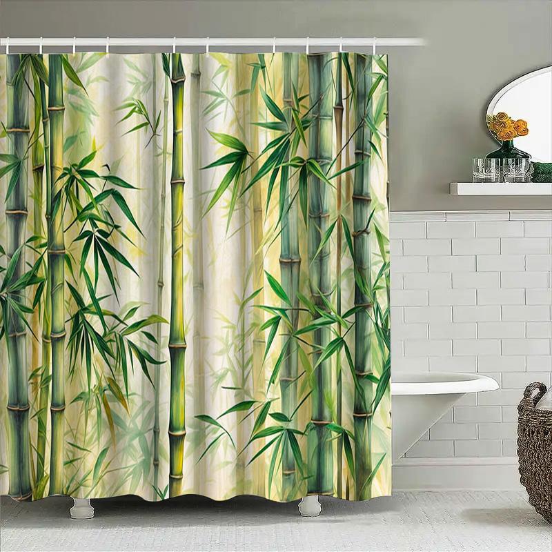 Bambus Duschvorhang Wasserdichter Stoff Große Größe Grüne Pflanzen Badezimmerdeko Anpassbarer Druck Heimdekoration Wasserdicht Pri