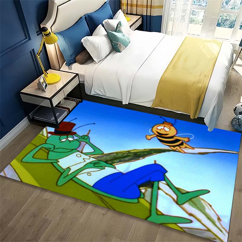 Cartoon Cricket Bee Green Leaf Summer Scene Print Area Rug Non‑Slip Rectangular Floor Mat Home Decor