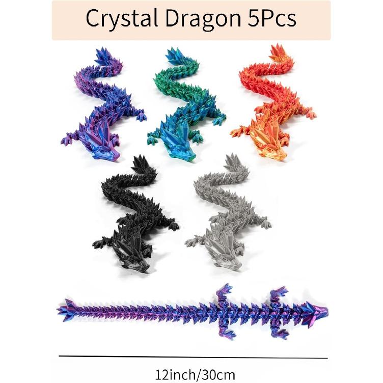 5Pcs 3D Printed Dragon 12In, 3D Printed Flexible Articulated Crystal Dragon