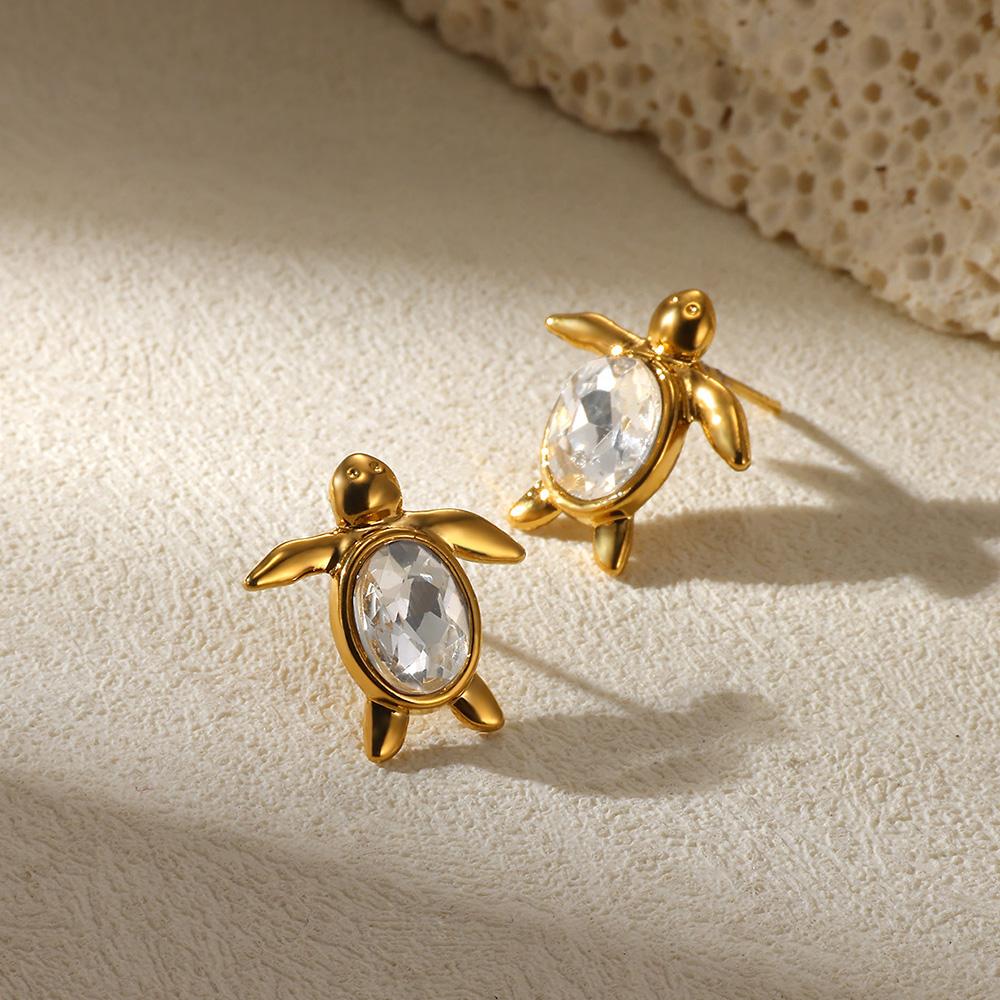 Vintage Crystal Turtle Stud Earrings For Women Gold Color Stainless Steel Geometric Stud Earrings Wedding Jewelry Christmas Gift