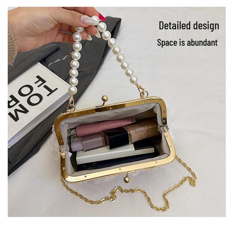 Women's Spring 2025 Pearl Evening Bag with Floral Design and Chain Strap