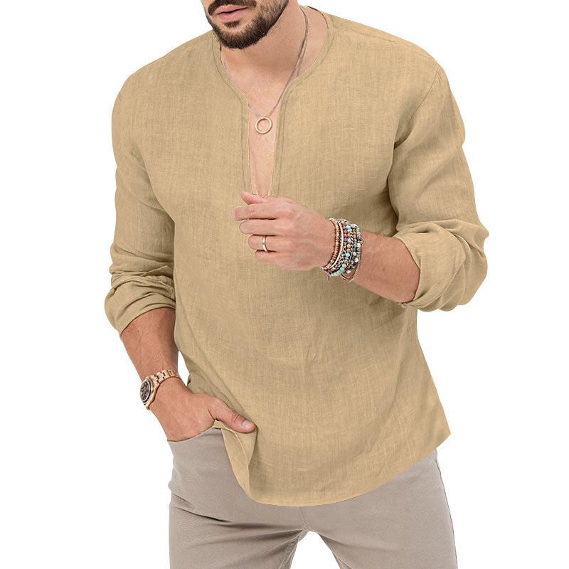 Pánska jar letná veľká bavlnená ľanová košeľa mužský hlboký výstrih do V jednofarebné topy s dlhým rukávom