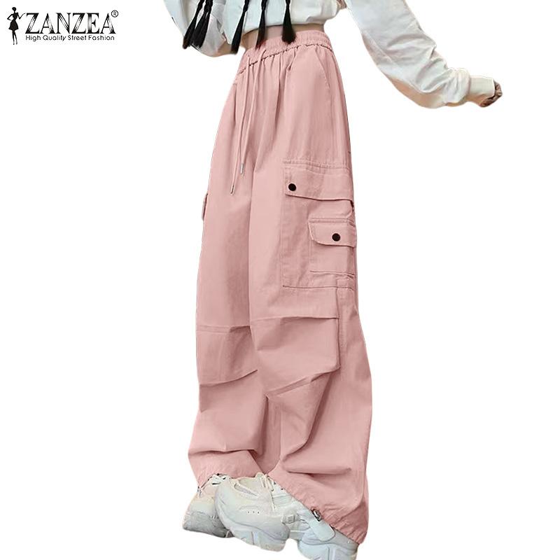 ZANZEA Women Elastic Waist Loose Casual Long Cargo Pants