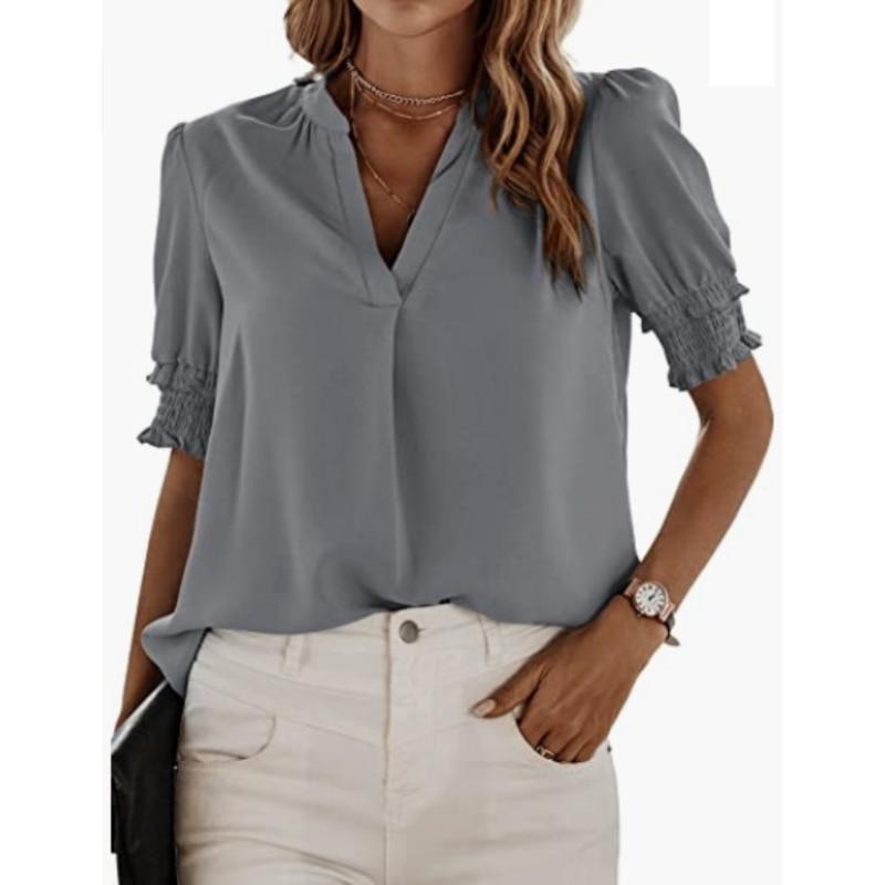 Sommer Kurzarm Bluse 2023 Damen Tops V-Ausschnitt Lässig Locker Einfarbig Süße Puffärmel Chiffon Hemd Kleidung 25785