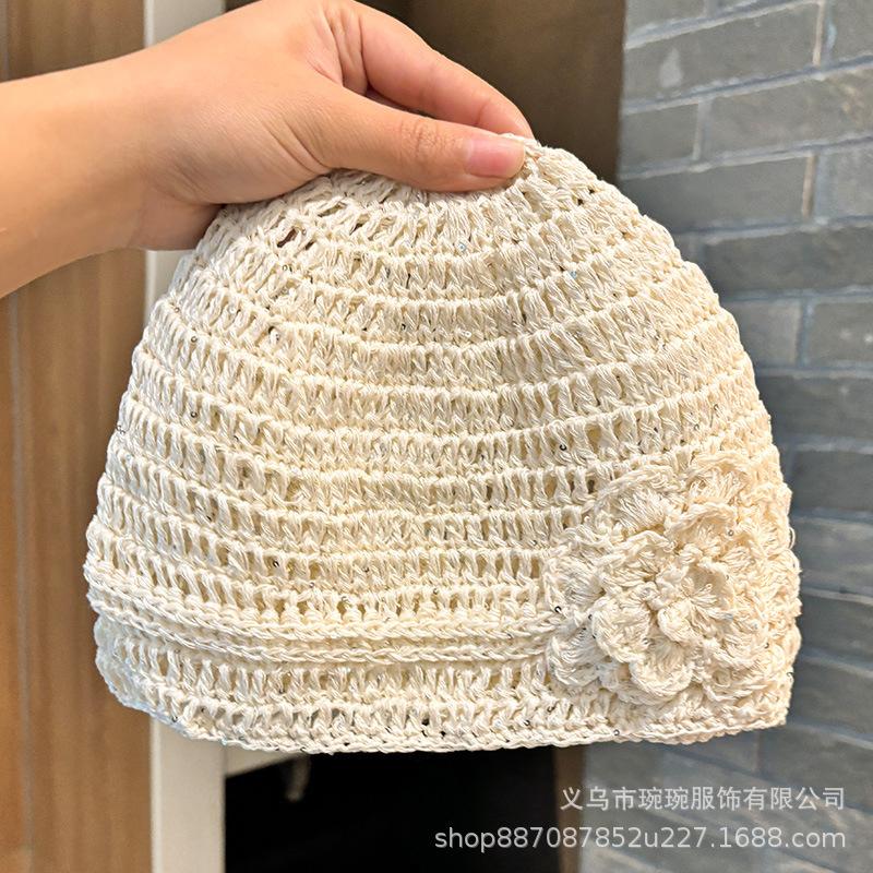 Spring Flower Baotou Hat Spice Girl Hollow Breathable Cool Handmade Knitted Sleeve Cold Hat Sequined Wool Hat