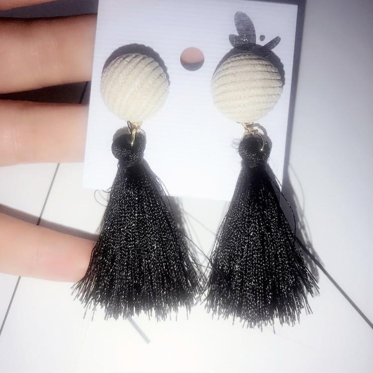 

Sweet Korean Elegant Button Tassel Pendant Personality Long Temperament Earrings C-Black