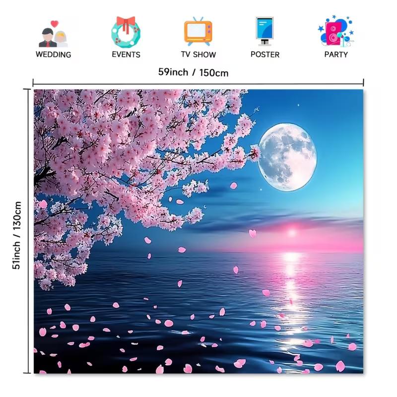 2D Floral Moon Ocean Backdrop, Cherry Blossom Sunset Wall Decor Banner