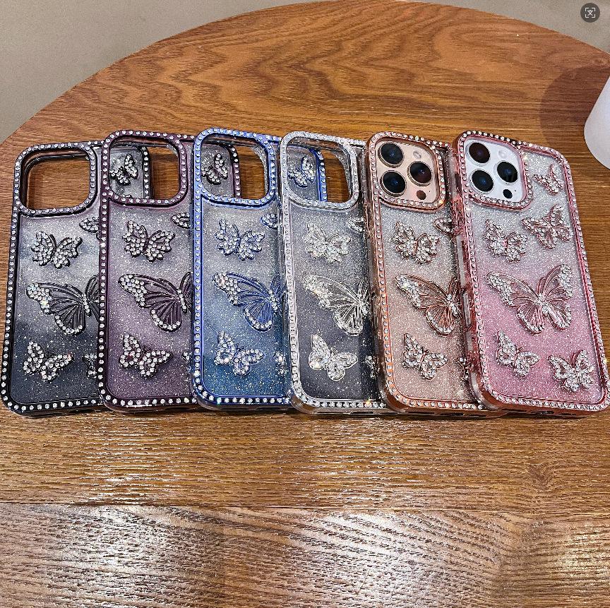 

Glitter Gradient Butterfly Rhinestone Case for Apple iPhone 17 Air, Compatible with iPhone 15/16 Pro Max Lens 12 золотой