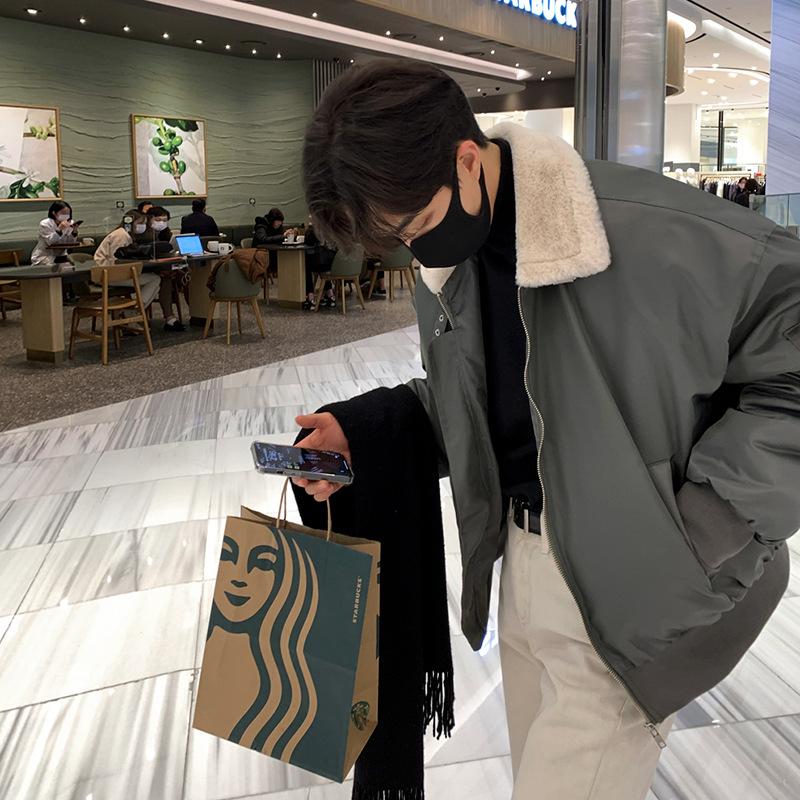 Lamb Velvet Coat, Men's Winter Korean Style Loose Velvet Thickened Cotton Coat and Cotton Jacket