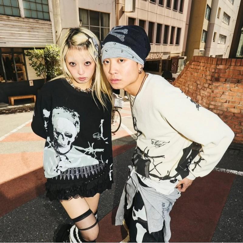 Men Women Long Sleeve T Shirt Gothic Skull Print Loose Fit Streetwear Hip Hop Top