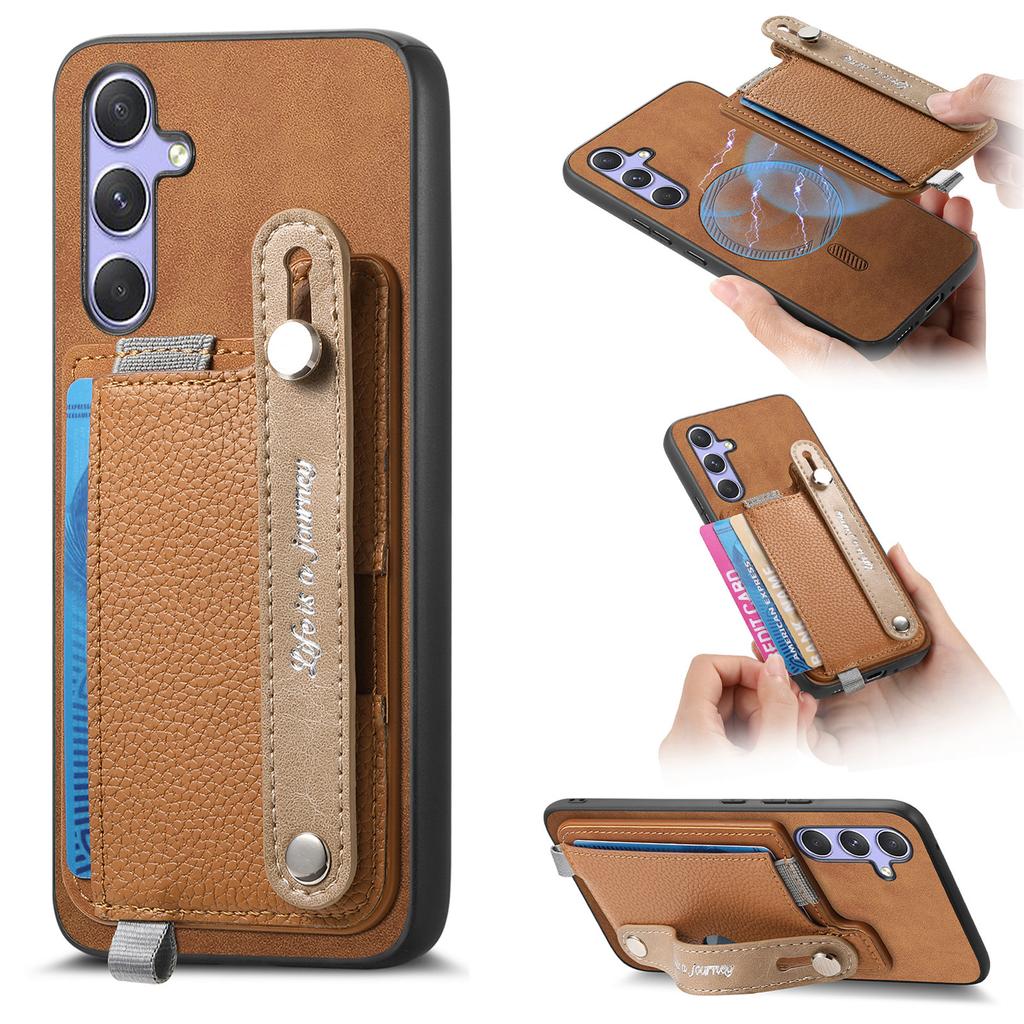 For Samsung Galaxy S25/Galaxy S24 Magnetic Leather Back Case with Detachable Card Holder and Wristband