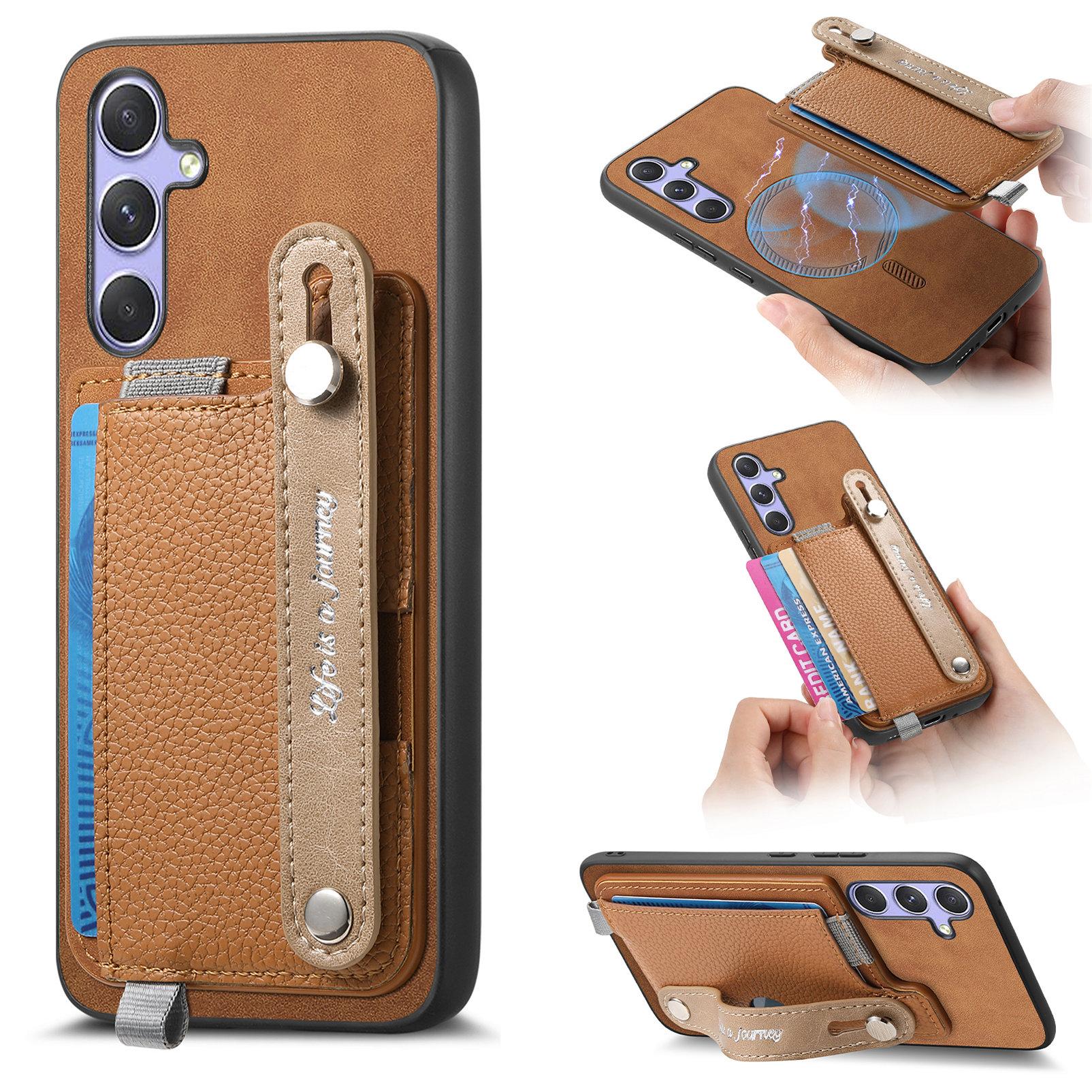 

For Samsung Galaxy A35 5G Magnetic Leather Back Case with Detachable Card Holder and Wristband Brown