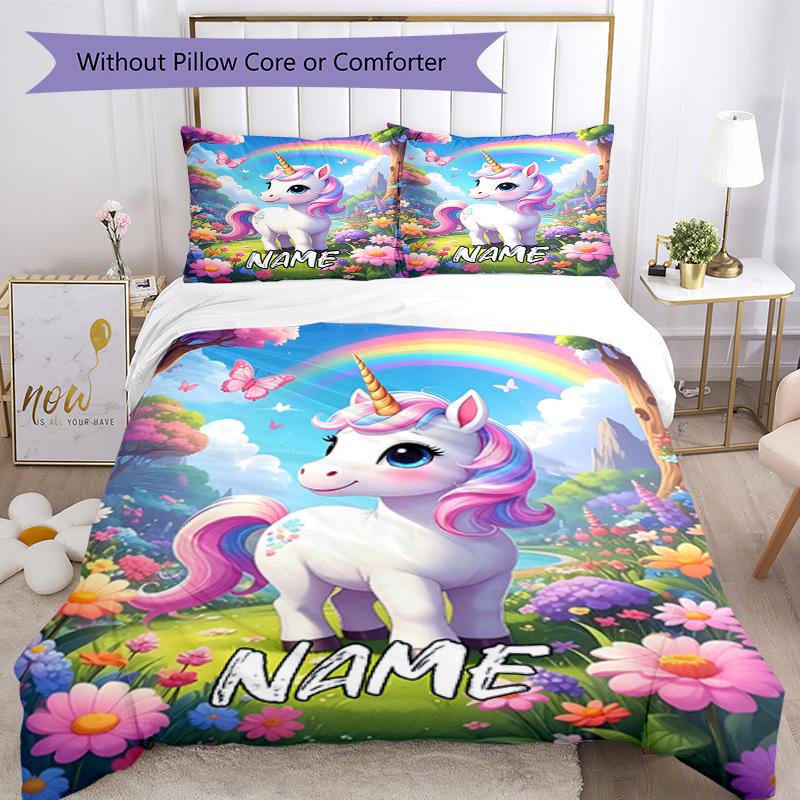 3pcs Custom Name Unicorn Bedding Set Duvet Cover Closure Includes 1 Duvet Cover & 2 Pillowcases, Soft and Comfortable for All Seasons.