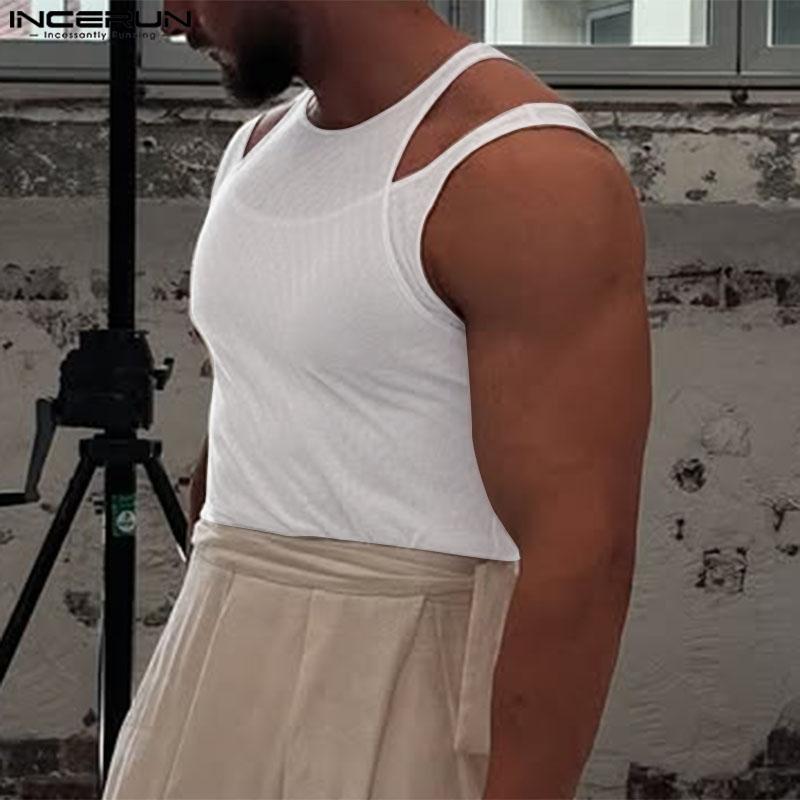 INCERUN Maiouri de petrecere transparente din plasă cu aspect de două piese false fără mâneci pentru bărbați