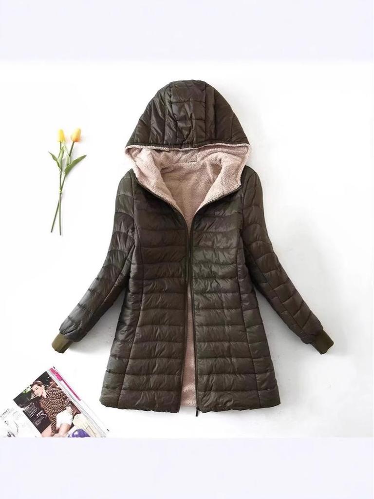 2026 Autumn/Winter Women's Slim-Fit Hooded Coat - Korean Style Fleece-Lined Lambswool