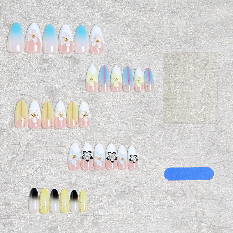 30 Almond Gradient Flower Nail Tips: European & American Cat Eye Whitening Nail Art Set
