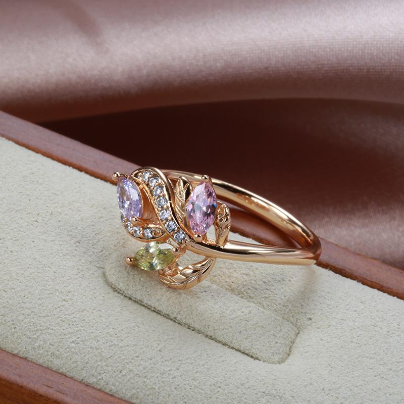 New  Rose Gold Crystal Flower Ring For Women Fashion Colorful Natural Zircon Rings Fine Wedding Jewelry Bride Gift
